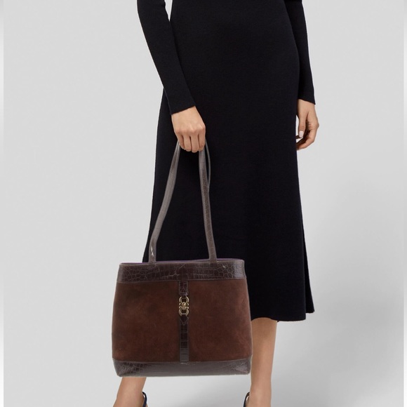 Salvatore Ferragamo Brown Tote Bag Gancini Suede Embossed Leather - Picture 3 of 4